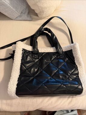 Steve Madden Black Quilted Tote with White Sherpa Trim